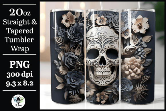 3D Floral Skull Halloween Tumbler Wrap Graphics
