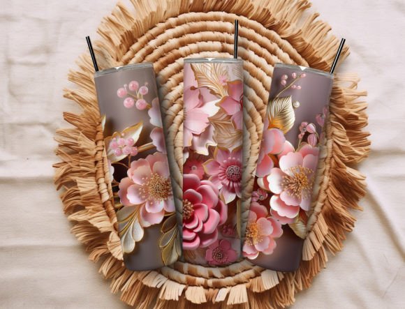 3D Gold Pink Flowers 20 Oz Skinny Tumble Graphics and Crafts