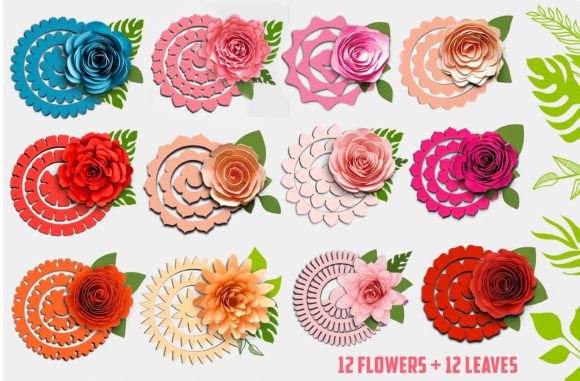 3D Rolled Paper Flower Leaf SVG Bundle Graphics Crafts