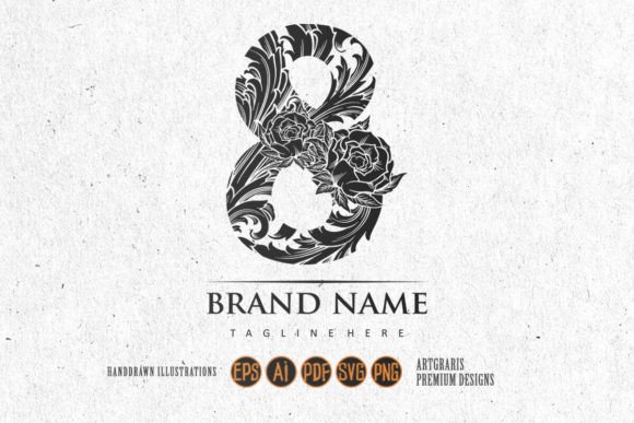 Artistic Number 8 Monogram with Floral Graphics for Crafts