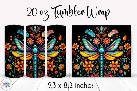 Dragonfly with Flowers Folk Tumbler 20oz Graphics and Tumbler Wraps