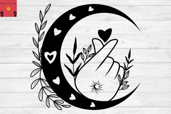 Finger Heart Moon Svg, Floral Moon Svg,