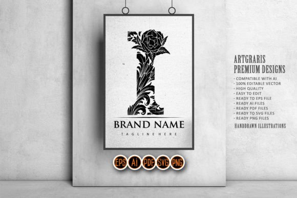 Luxurious Initial I Engraved Floral Graphics for Crafts